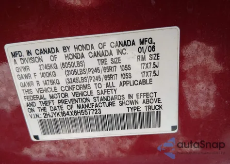 2006 Honda Ridgeline Rts z USA, uszkodzony, nr VIN 2HJYK164X6H557723